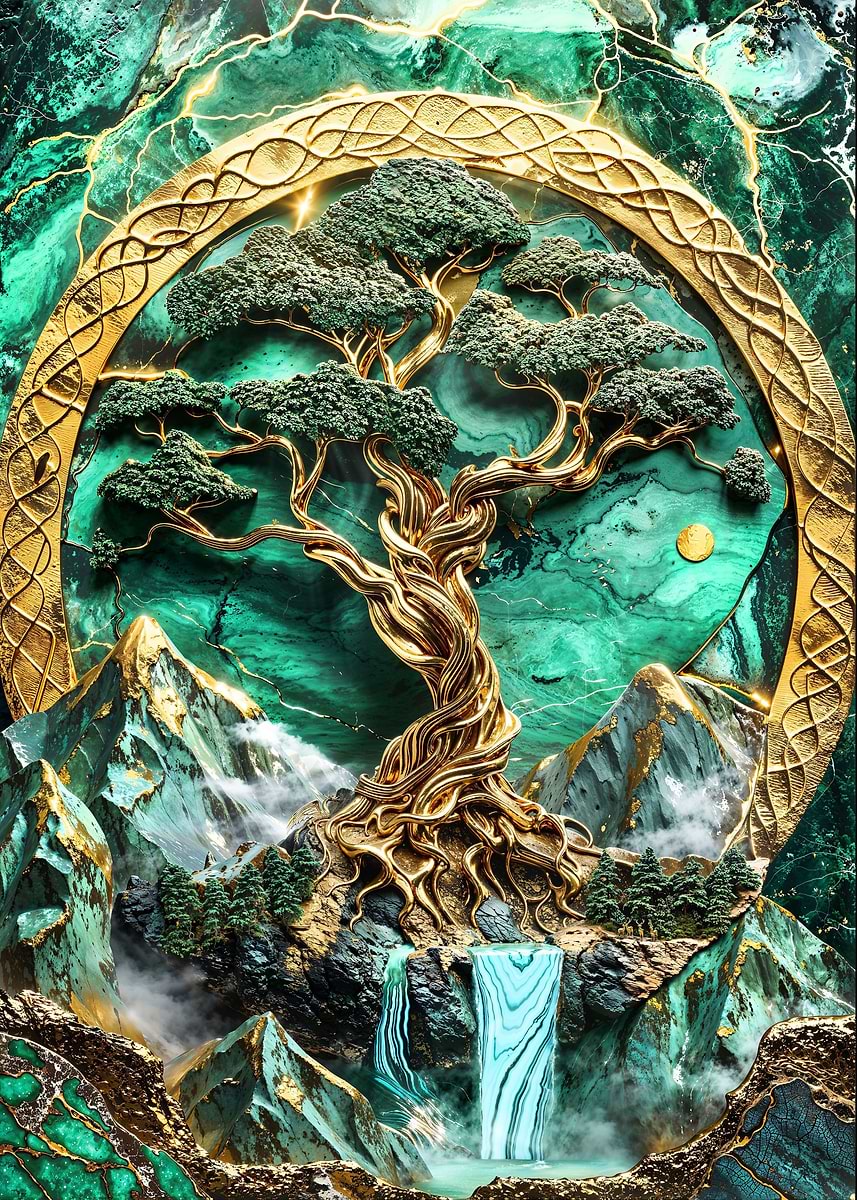World Tree Yggdrasil Art — from the Abstract Nature Kintsugi collection, a Pixaverse metal print