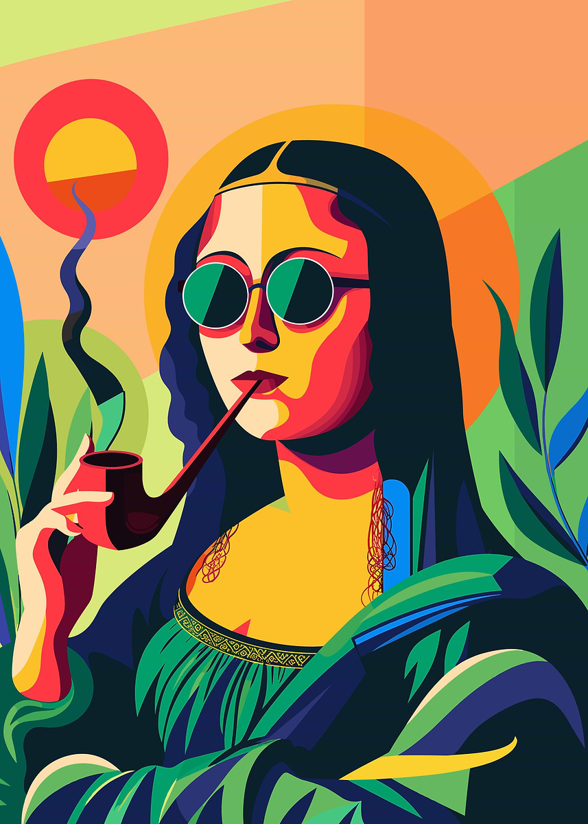 mona lisa smoking a cigarette Art Print, Humorous Altered Art (digital Download) printed on a detachable metal poster Art Mona Lisa Smoking Joint