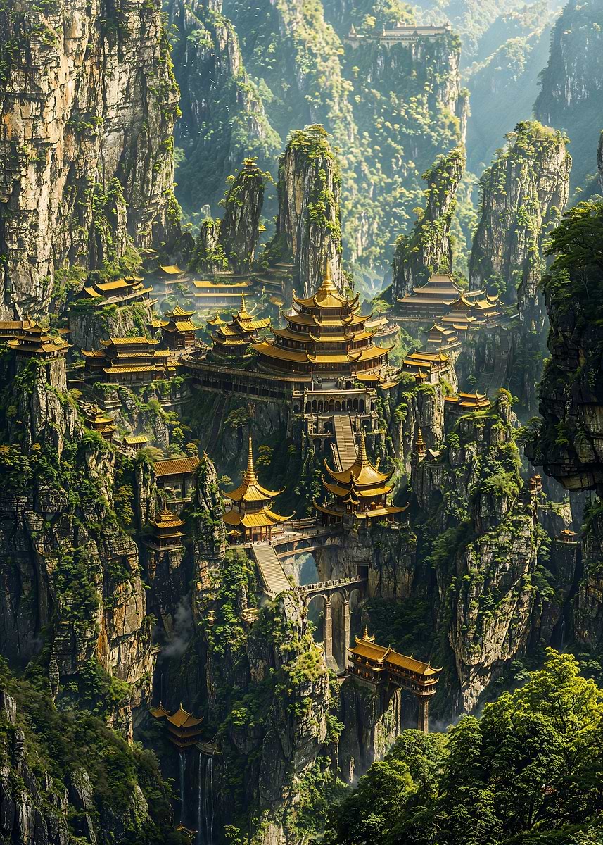 Hidden Mountain Sanctuary — from the Forgotten Fantasy Realms collection, a Pixaverse metal print
