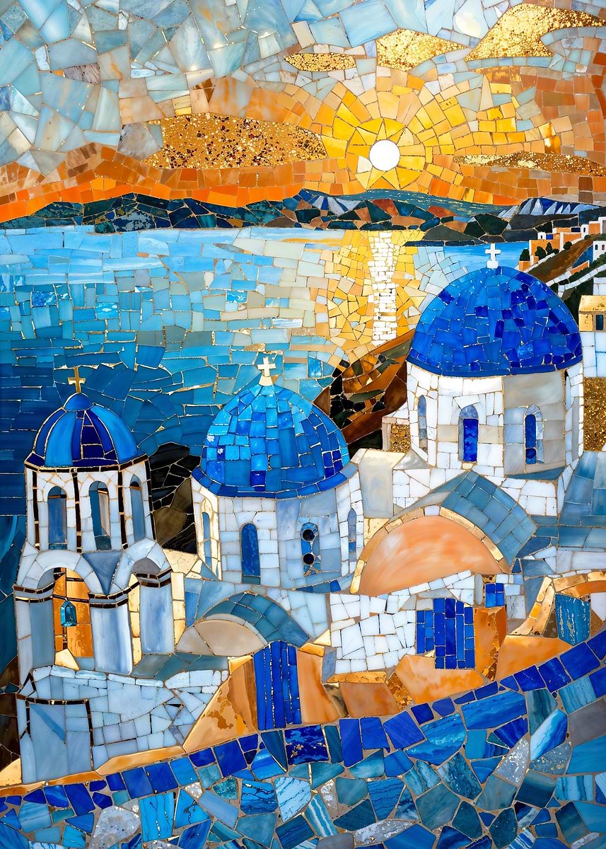 Blue Domes of Greece — from the Mosaic Marvel collection, a Pixaverse metal print