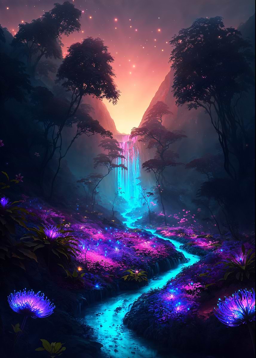 Illuminated Forest Cascade — from the Alien Worlds collection, a Pixaverse metal print