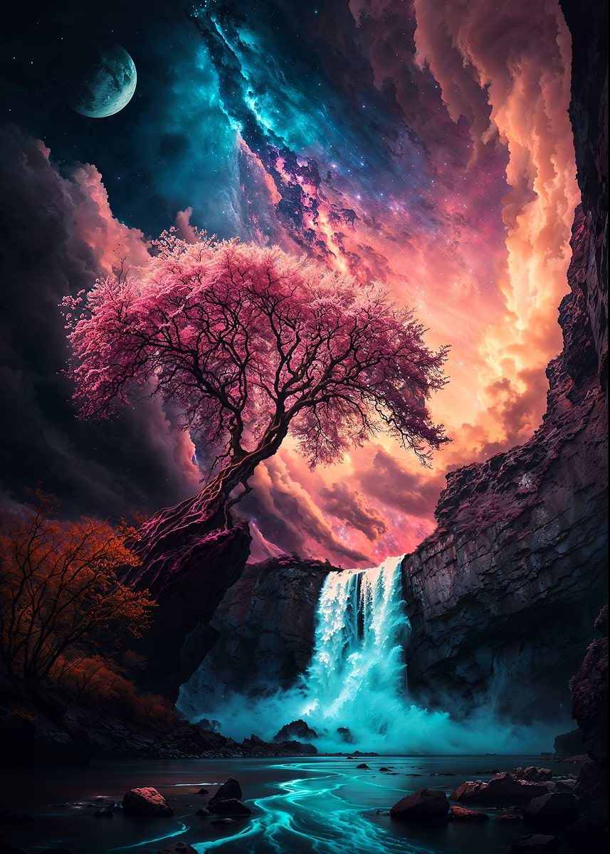 Celestial Cascade — from the Alien Worlds collection, a Pixaverse metal print