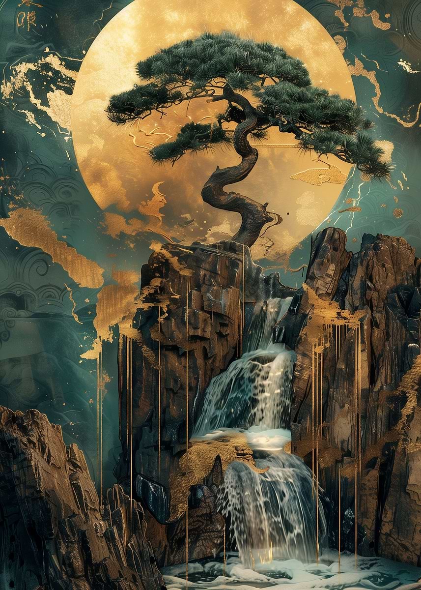 黄金の調和の木 DISPLATE メタリック ポスター ( #8833 ) Golden Bonsai Tree Art' Poster, picture, metal print, paint