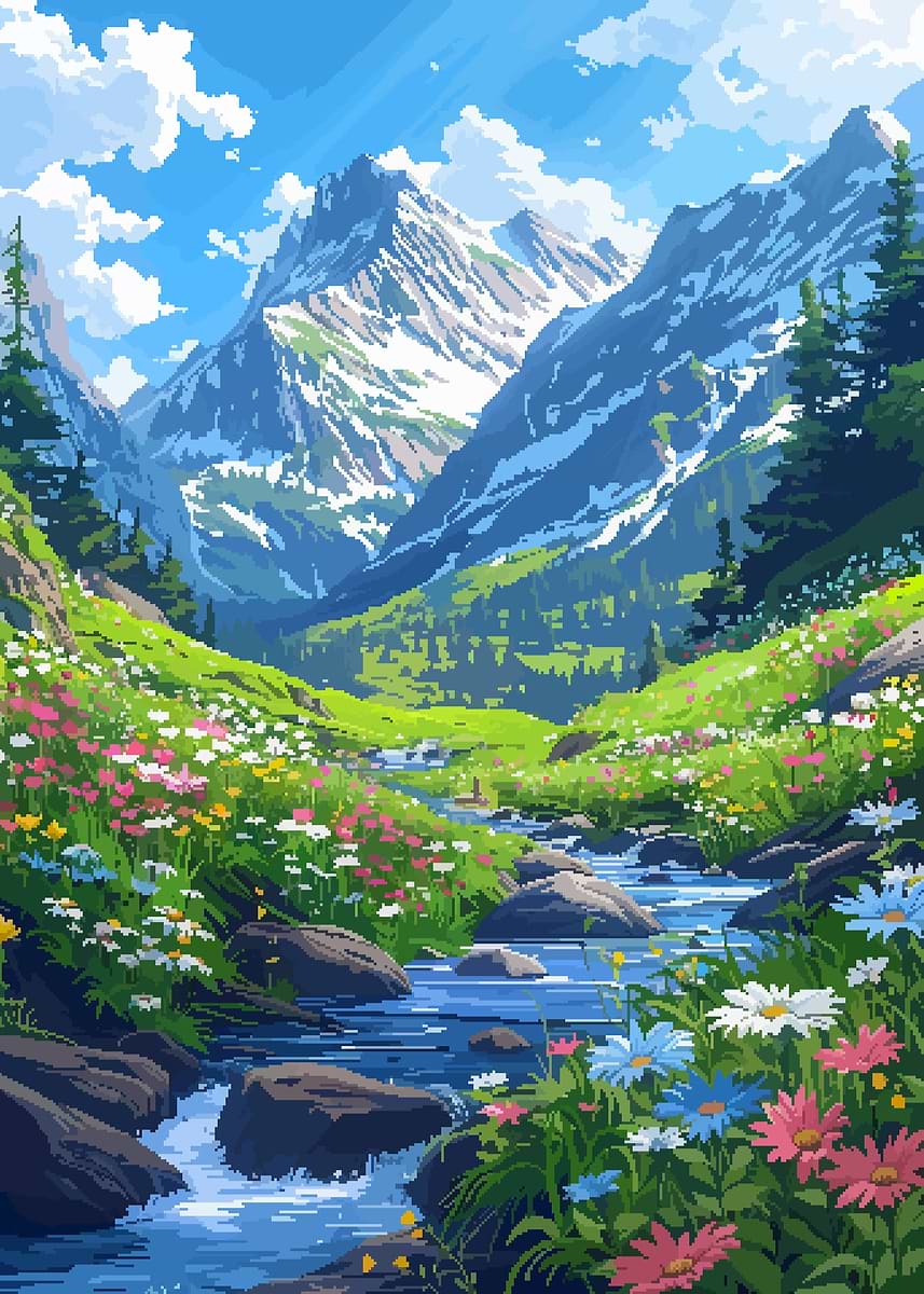 Switzerland Alps Pixel Art' Poster, picture, metal print, paint by