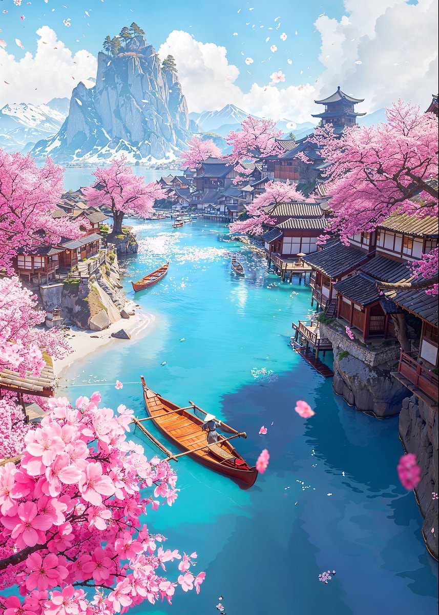 Sakura Fishing Village — from the Soul Of Japan collection, a Pixaverse metal print