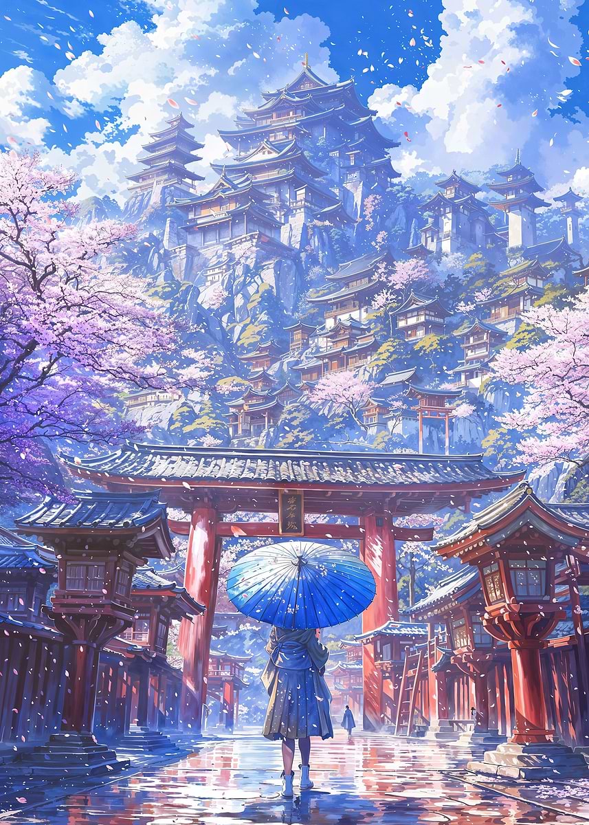 Sakura Temple Ascent — from the Soul Of Japan collection, a Pixaverse metal print