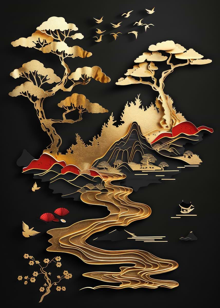Gold Trees' Poster, picture, metal print, paint by Kai Tanaka