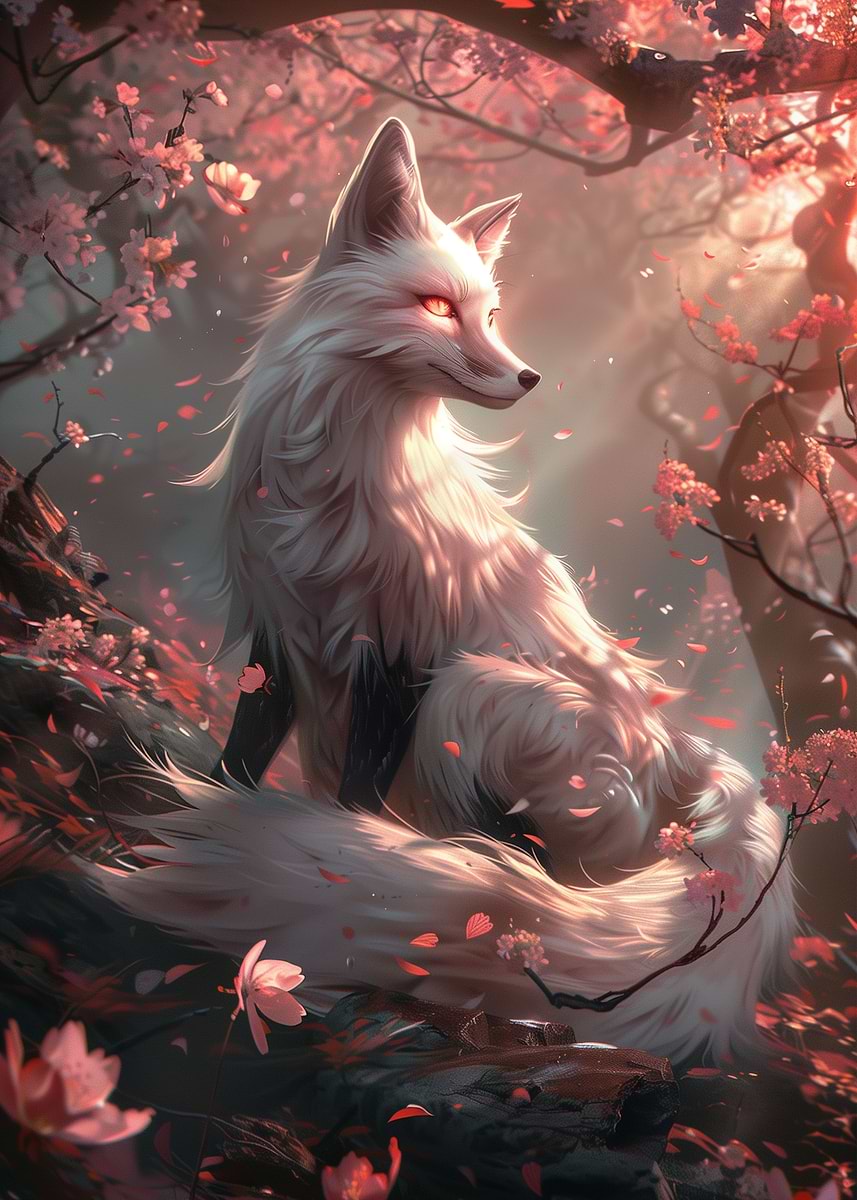 Sakura Kitsune Fox' Poster, picture, metal print, paint by
