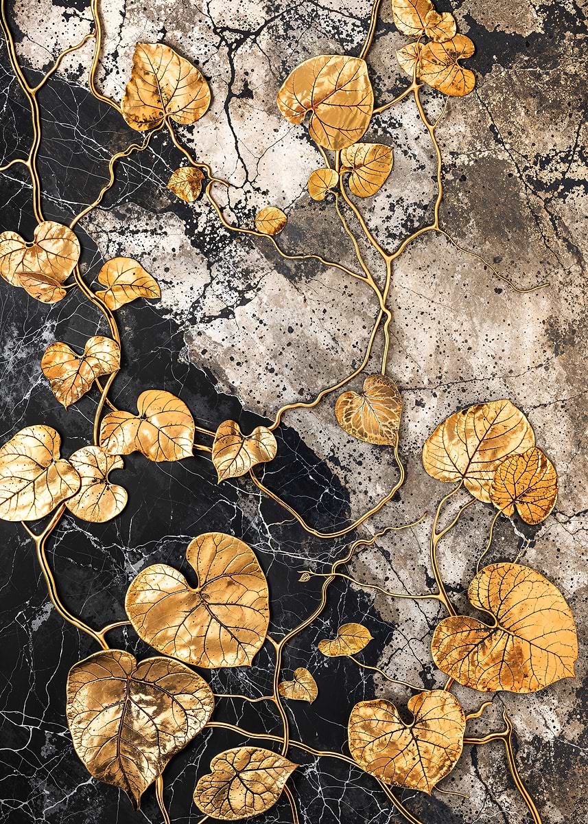 Vintage Gold Pothos Vines — from the Precious Metal Reforged collection, a Pixaverse metal print