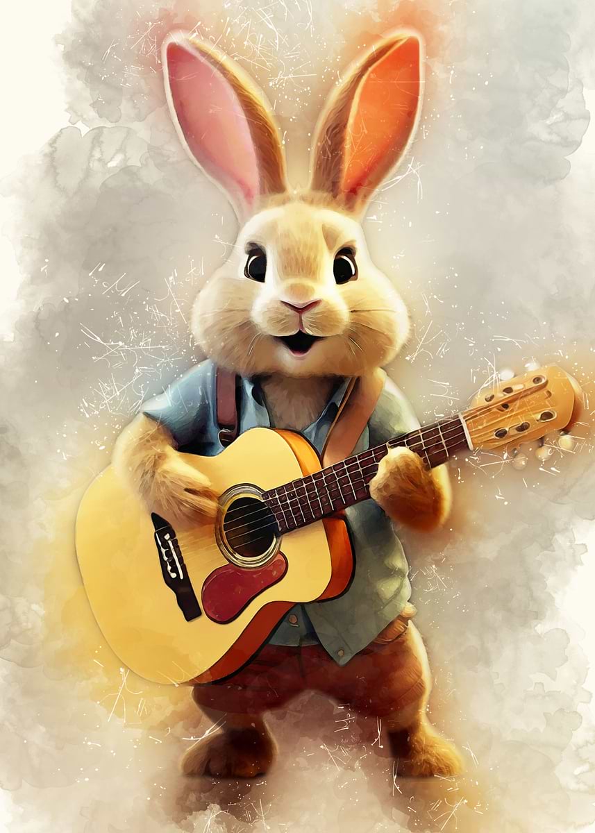 'Rabbit plays the guitar' Poster, picture, metal print, paint by ...