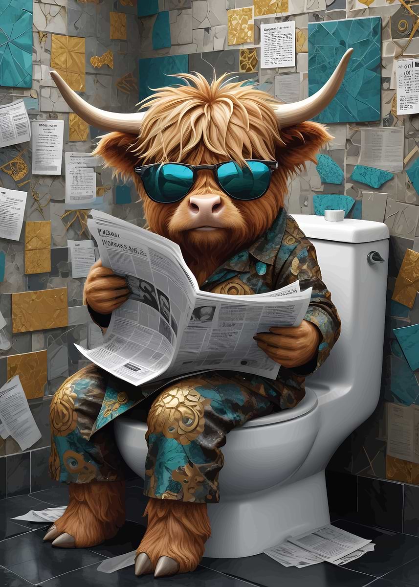 'Highland Cow Toilet' Poster, picture, metal print, paint by ALEX GREZ ...