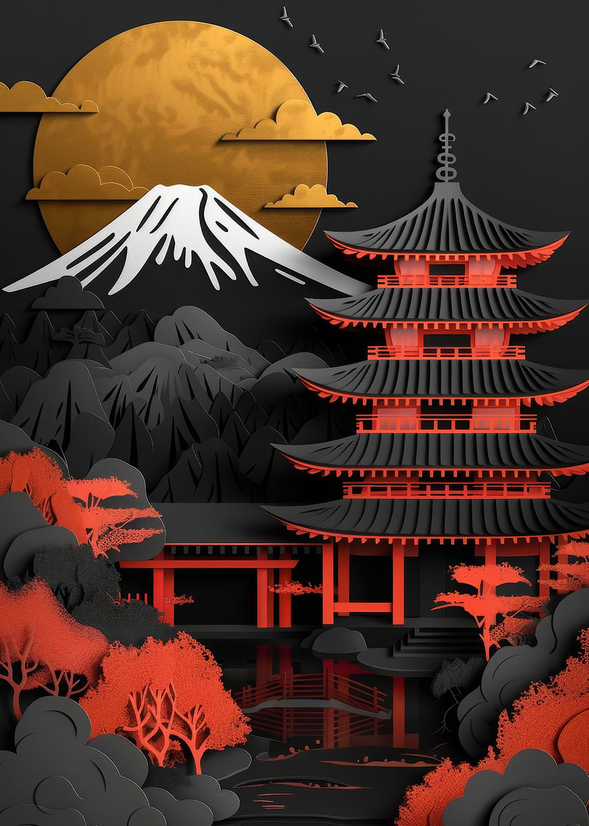Red Gold Black Japan' Poster, picture, metal print, paint by