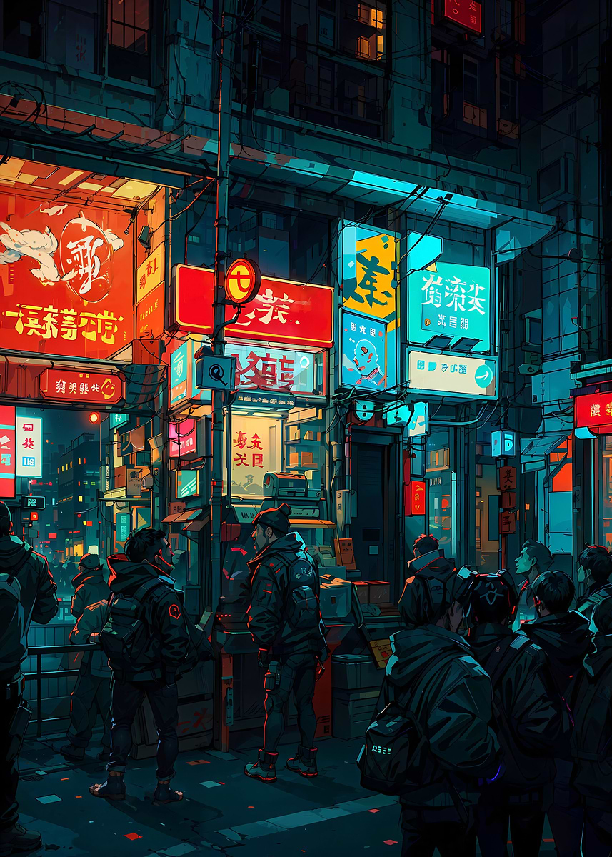 'cyberpunk city night neon' Poster, picture, metal print, paint by Alex ...