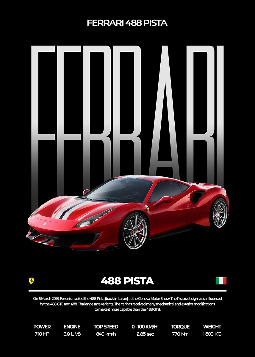 Ferrari 488 Pista' Poster, picture, metal print, paint by