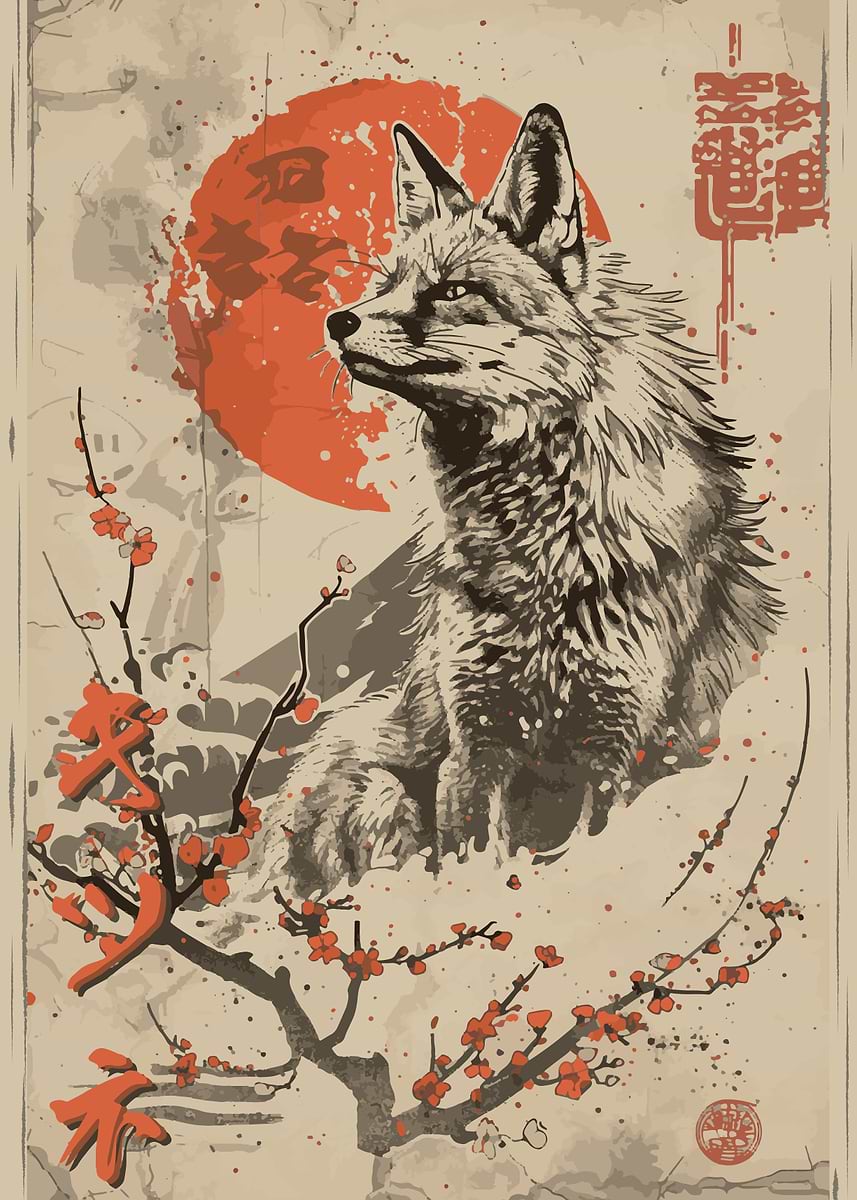 Vintage Japanese Fox' Poster, picture, metal print, paint by