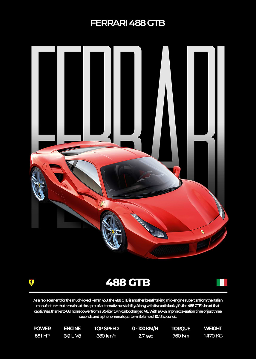 Ferrari 488 GTB' Poster, picture, metal print, paint by Conceptual