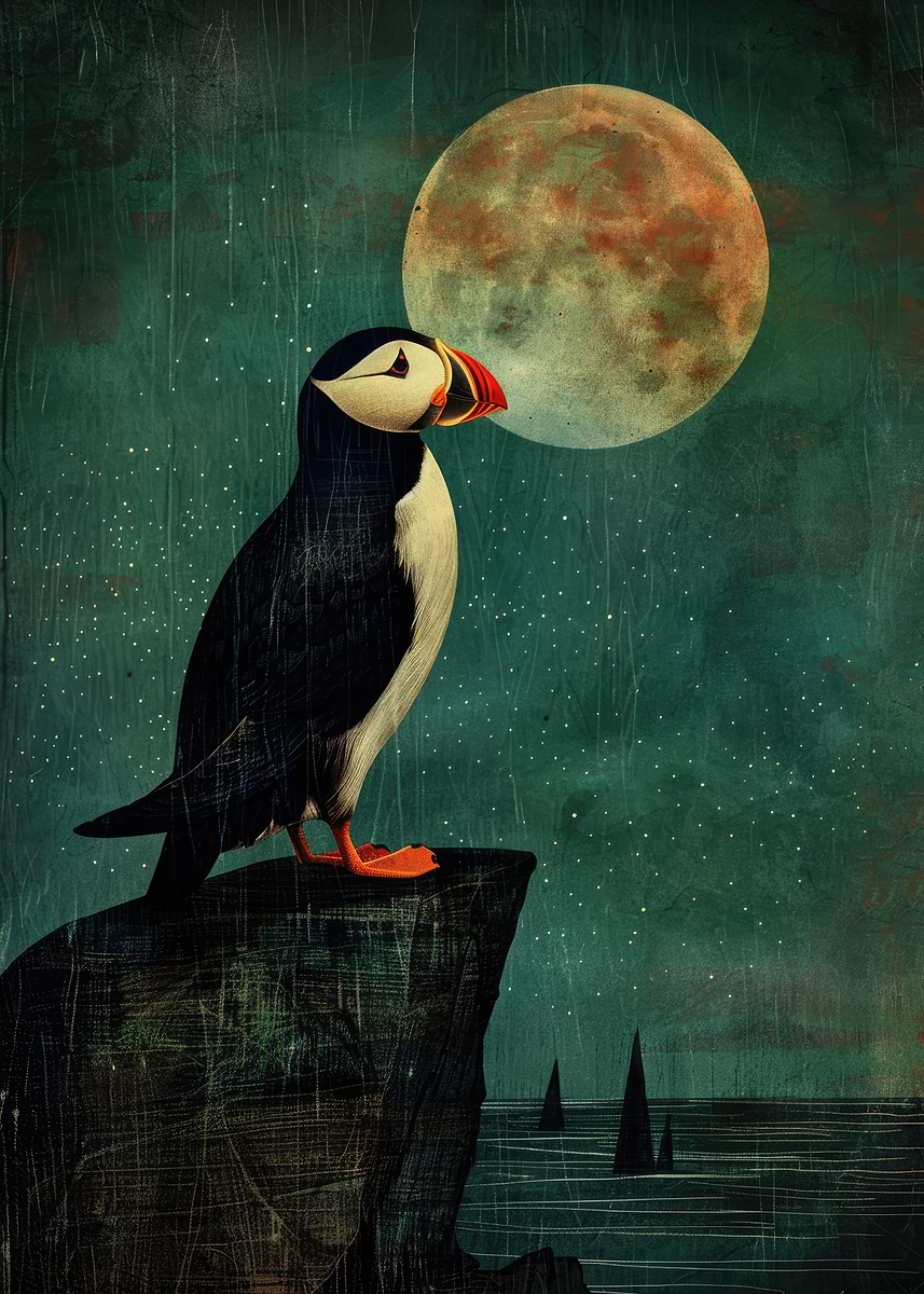 Puffin in the Moonlight' Poster, picture, metal print, paint by