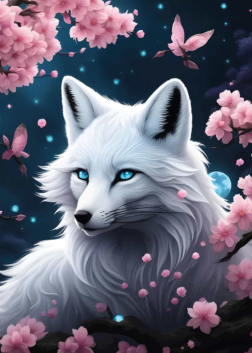 Fox Kitsune Cherry Blossom' Poster, picture, metal print, paint by