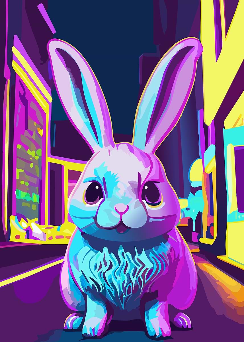 Neon Gubby Rabbit 'Rabbit in Neon Street' Poster, picture, metal print, paint by Greg ...