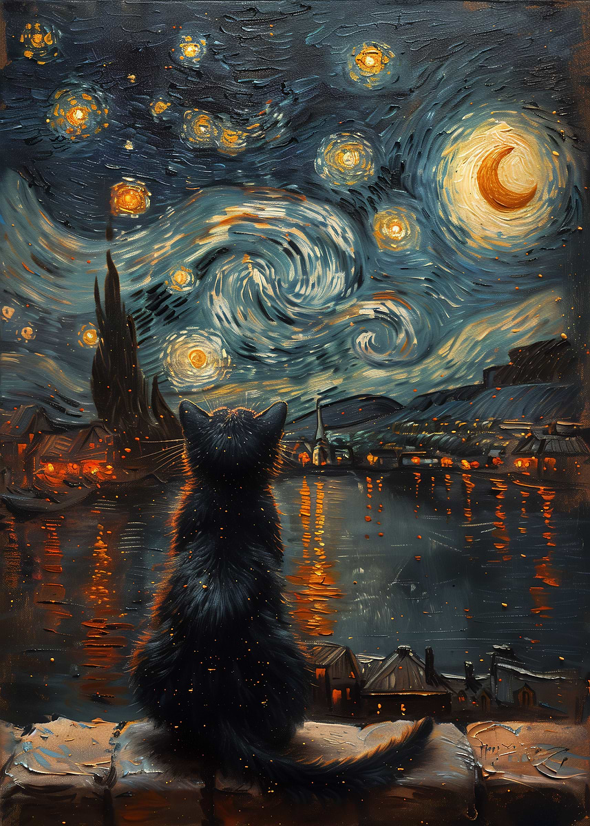Cute little black cat in The Starry Night looking to the sky thinking about life Nightsky and oil painting Colorful fantasy landscape
