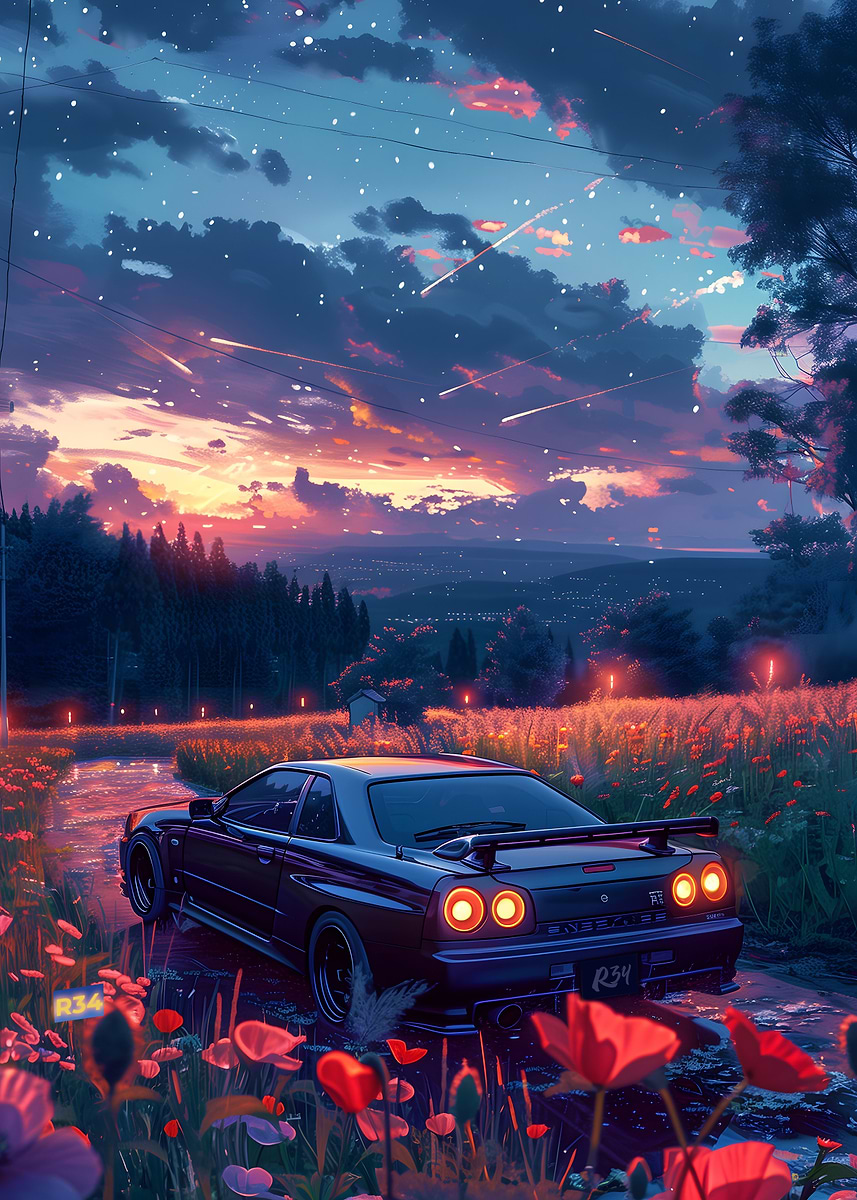 Nissan R34 flower Japan' Poster, picture, metal print, paint by