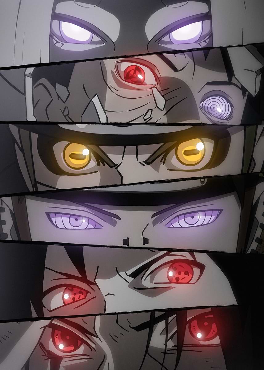 'Eyes Monochrome' is a captivating artwork from the Naruto Shippuden collection, featuring an intense collage of close-up eyes from various characters. 