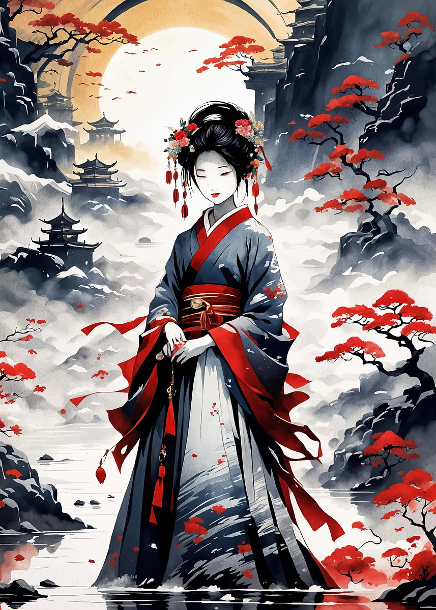 Geisha Japan Landscape' Poster, picture, metal print, paint by