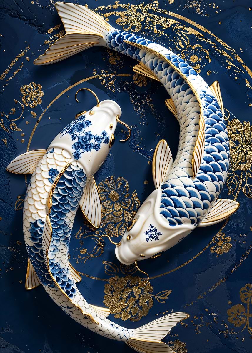 Porcelain Koi Harmony — from the Vintage Porcelain Kintsugi collection, a Pixaverse metal print
