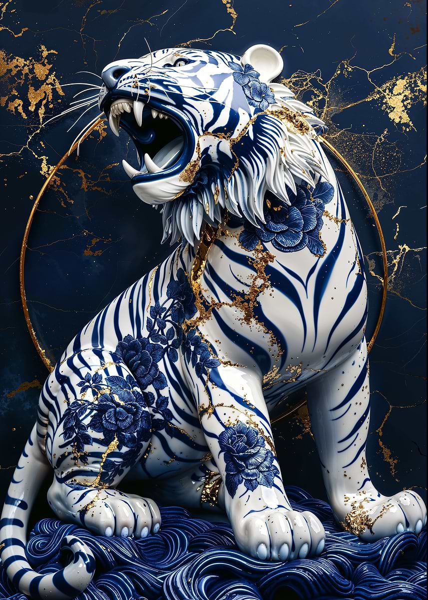 Gilded Porcelain Tiger — from the Vintage Porcelain Kintsugi collection, a Pixaverse metal print
