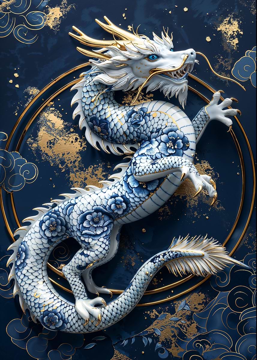 Gilded Porcelain Dragon — from the Vintage Porcelain Kintsugi collection, a Pixaverse metal print