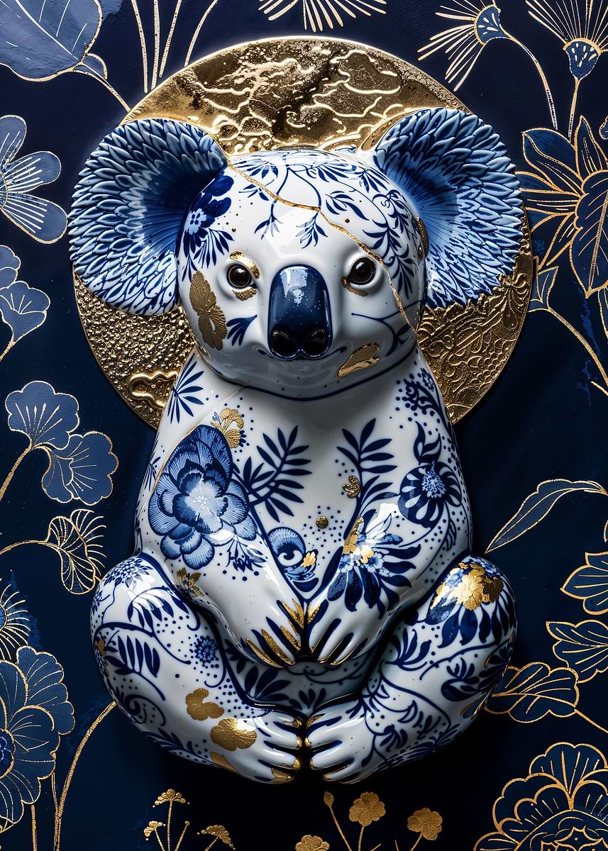Gold Porcelain Koala — from the Vintage Porcelain Kintsugi collection, a Pixaverse metal print