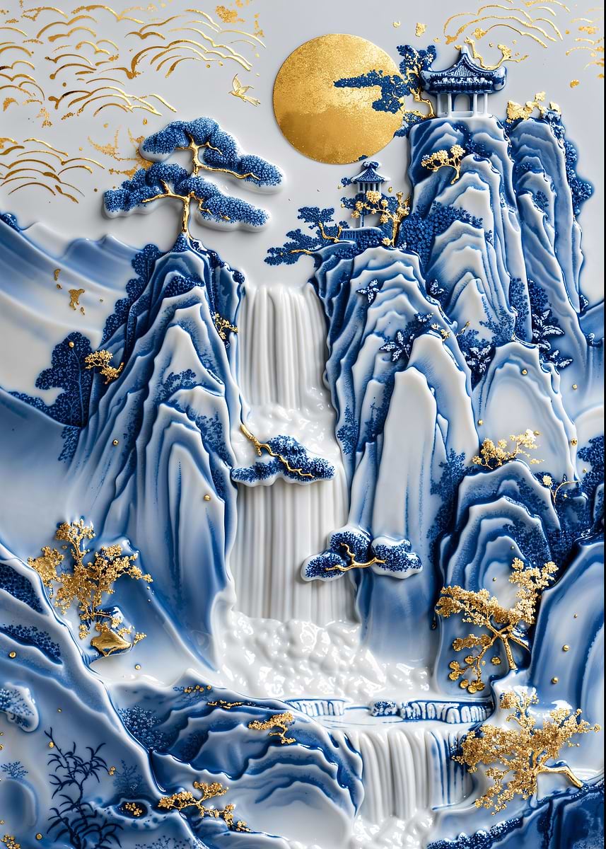 Porcelain Waterfall Temple — from the Vintage Porcelain Kintsugi collection, a Pixaverse metal print