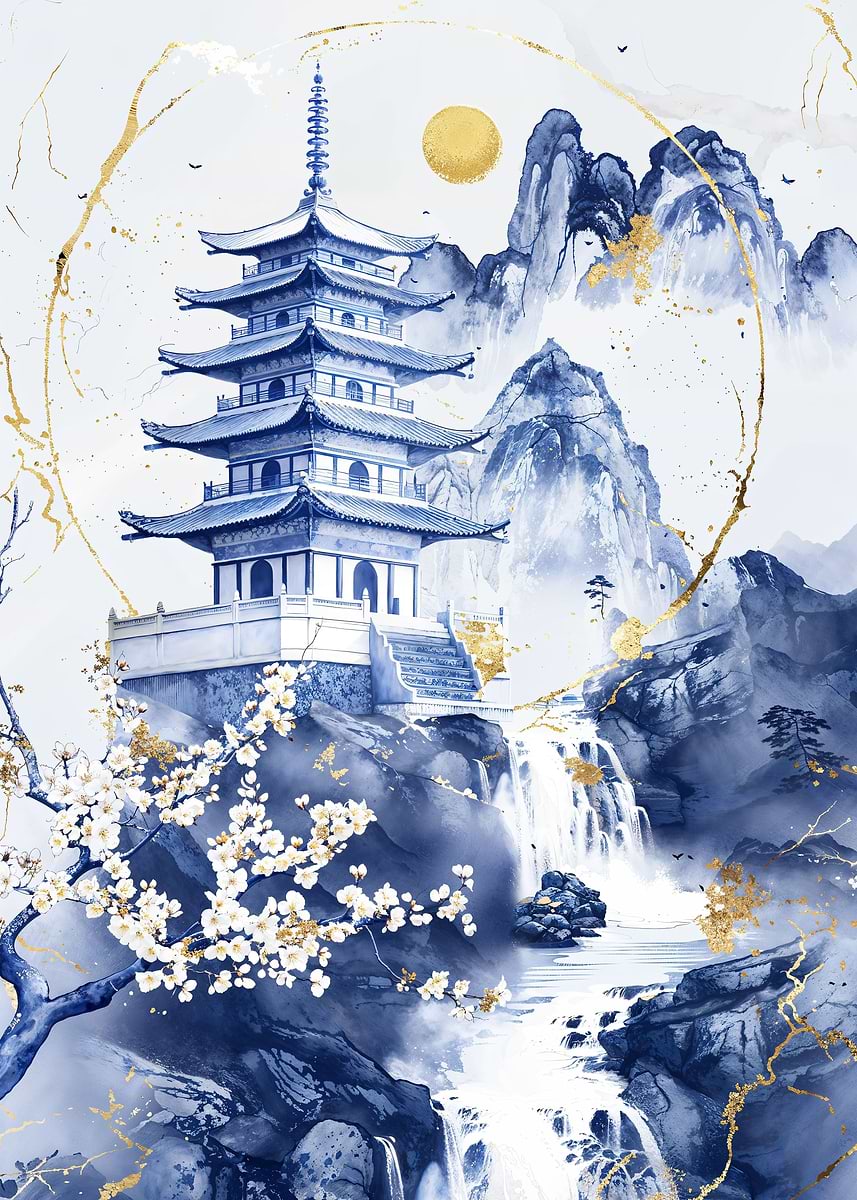 Porcelain Mountain Temple — from the Vintage Porcelain Kintsugi collection, a Pixaverse metal print