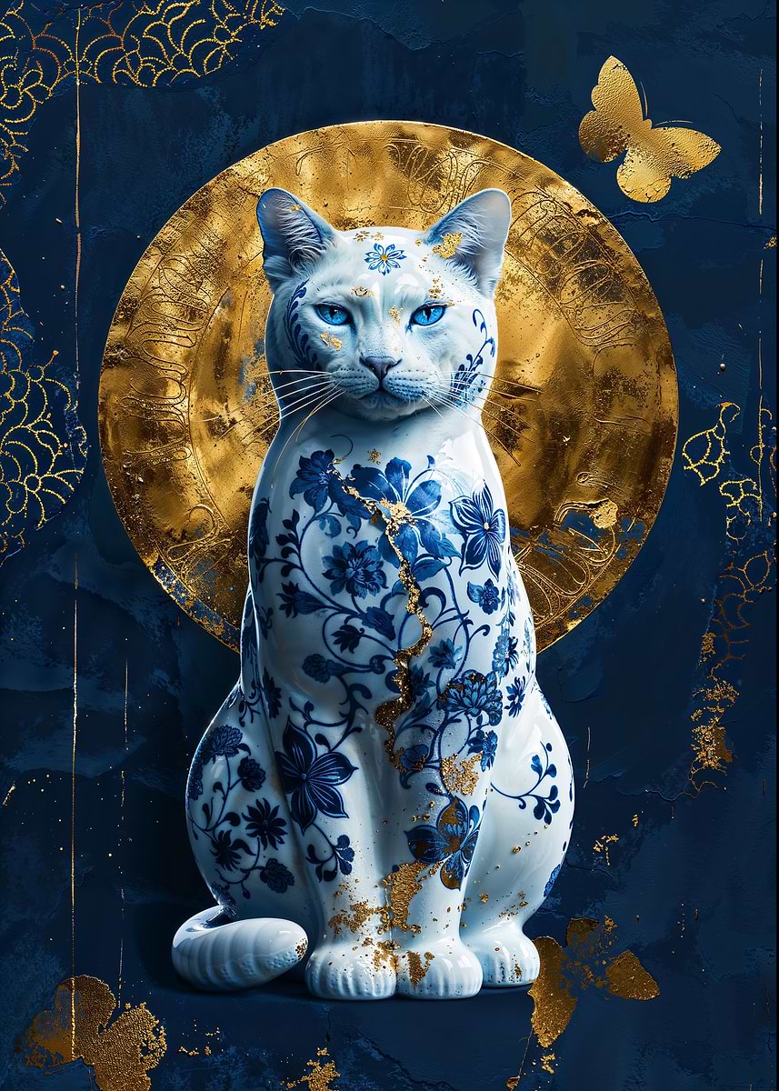 Porcelain Cat Kintsugi Art — from the Vintage Porcelain Kintsugi collection, a Pixaverse metal print
