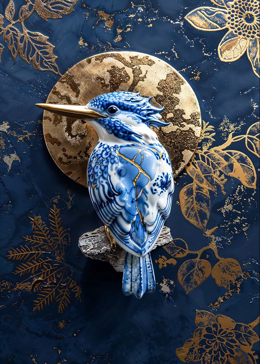 Kintsugi Kingfisher — from the Vintage Porcelain Kintsugi collection, a Pixaverse metal print
