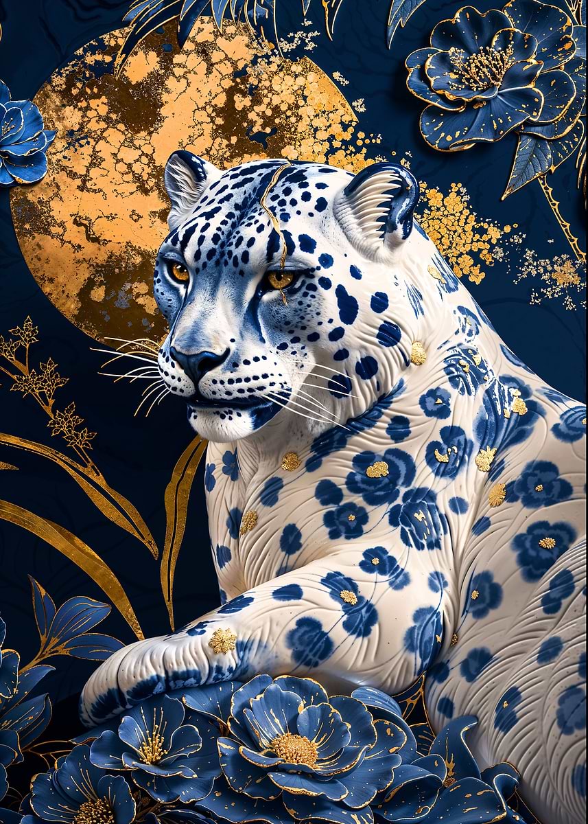Porcelain Snow Leopard Art — from the Vintage Porcelain Kintsugi collection, a Pixaverse metal print