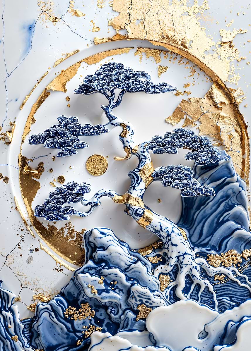 Porcelain Bonsai Tree Art — from the Vintage Porcelain Kintsugi collection, a Pixaverse metal print