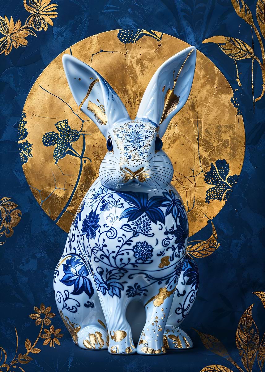 Kintsugi Porcelain Rabbit — from the Vintage Porcelain Kintsugi collection, a Pixaverse metal print