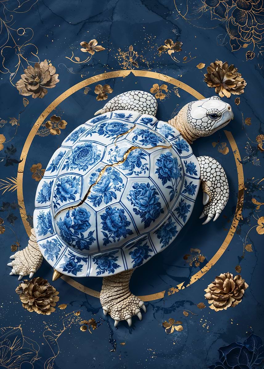 Reborn Porcelain Tortoise — from the Vintage Porcelain Kintsugi collection, a Pixaverse metal print