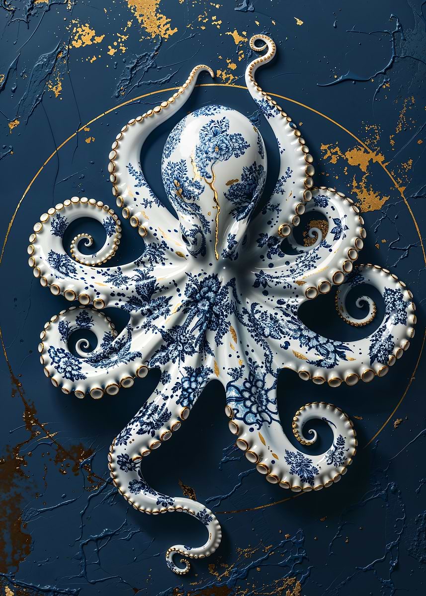Porcelain Octopus Elegance — from the Vintage Porcelain Kintsugi collection, a Pixaverse metal print