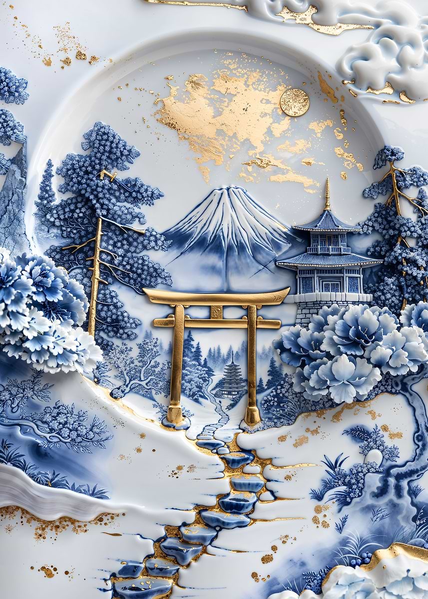 Japanese Porcelain Idyll — from the Vintage Porcelain Kintsugi collection, a Pixaverse metal print