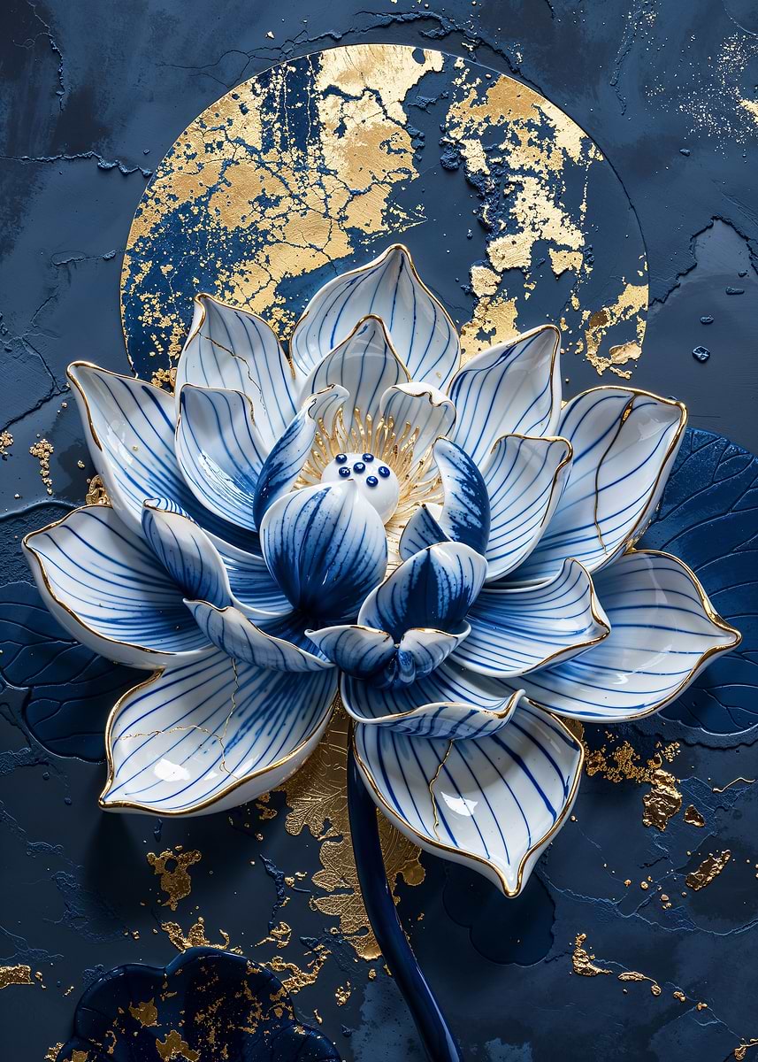 Reborn Porcelain Lotus — from the Vintage Porcelain Kintsugi collection, a Pixaverse metal print
