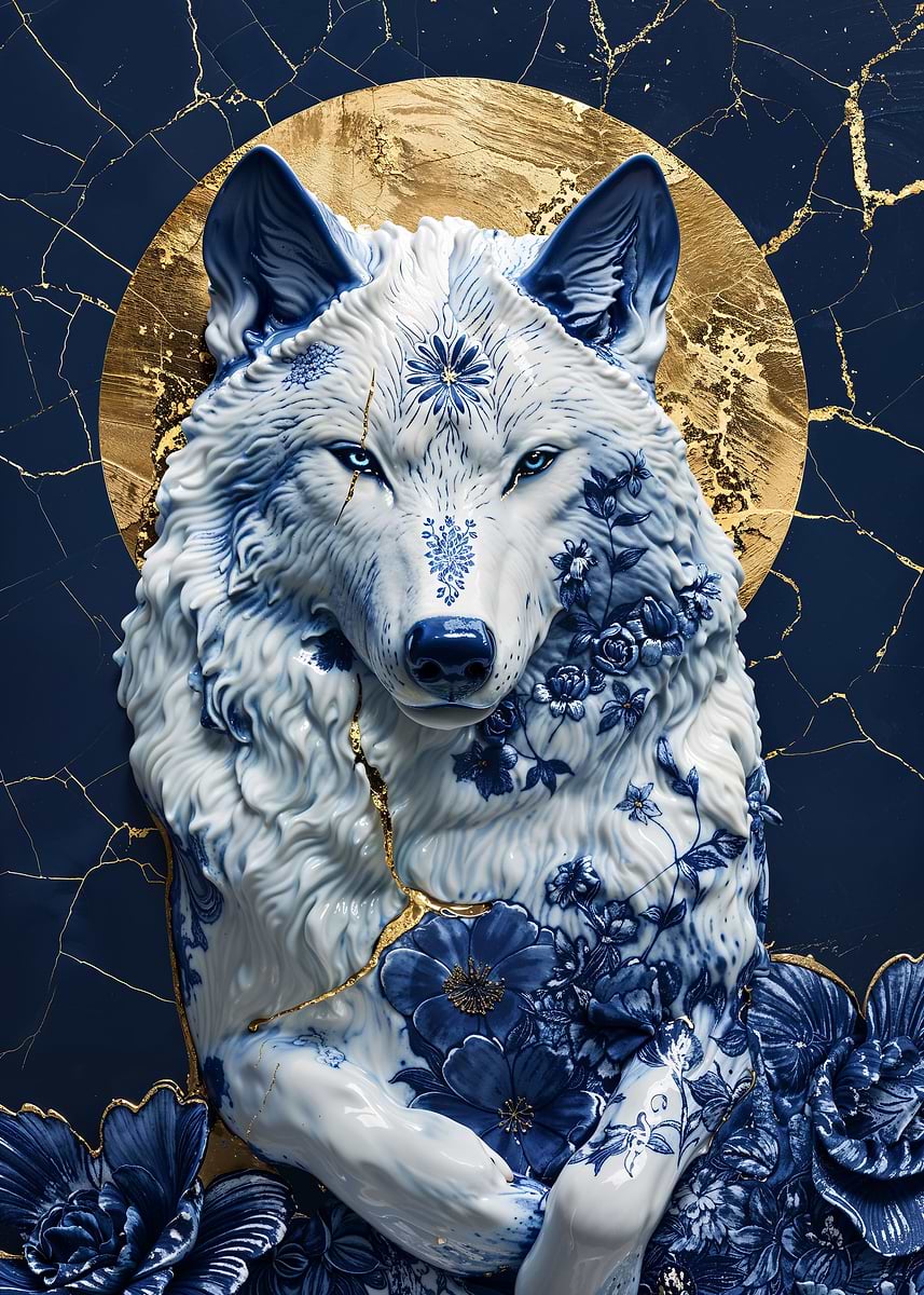 Porcelain Moonlit Majesty — from the Vintage Porcelain Kintsugi collection, a Pixaverse metal print