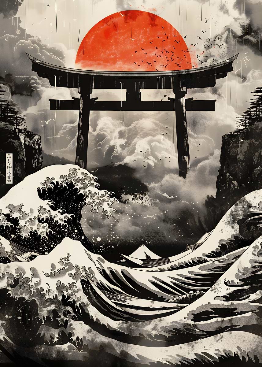 Torii and Great Wave' Poster, picture, metal print, paint by