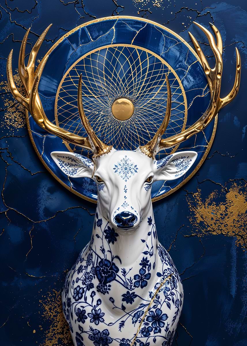 Porcelain Stag of Dawn — from the Vintage Porcelain Kintsugi collection, a Pixaverse metal print