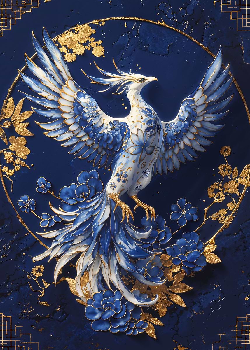 Porcelain Phoenix Reborn — from the Vintage Porcelain Kintsugi collection, a Pixaverse metal print