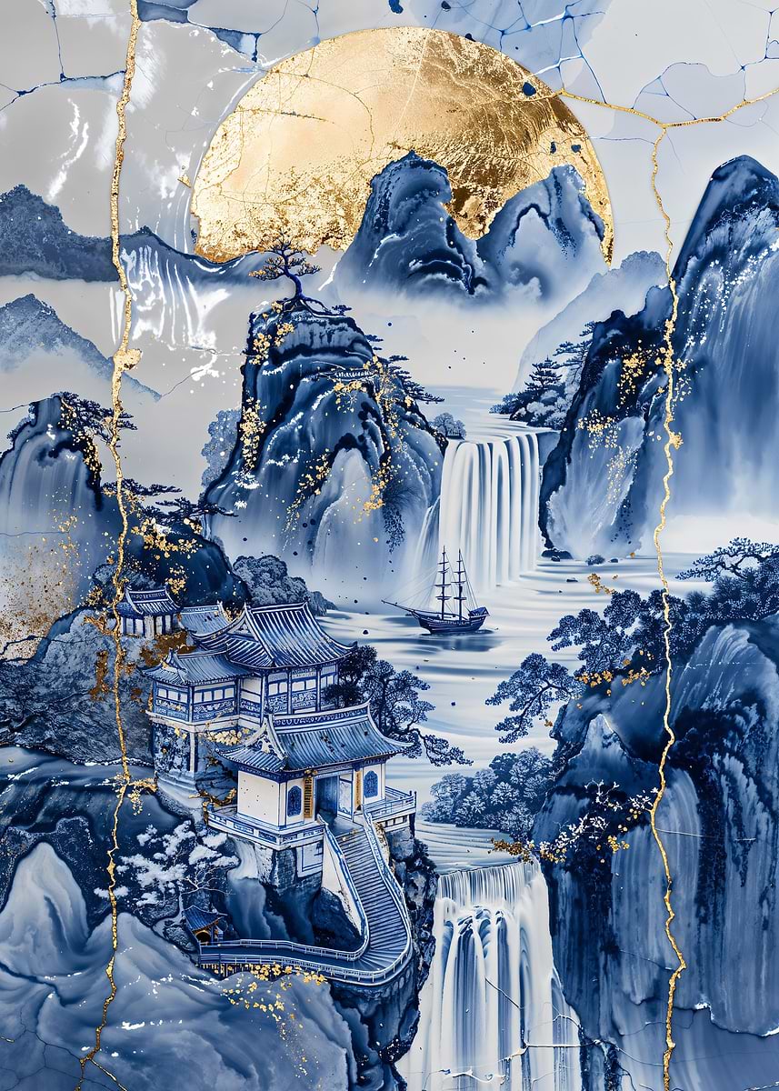 Porcelain Sunset Sanctuary — from the Vintage Porcelain Kintsugi collection, a Pixaverse metal print