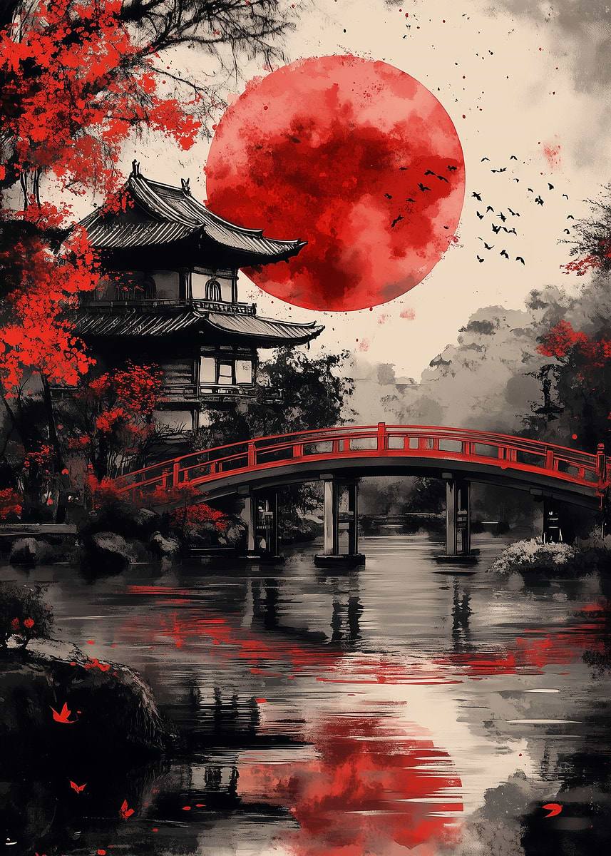 Red Moon Japan' Poster, picture, metal print, paint by Small X