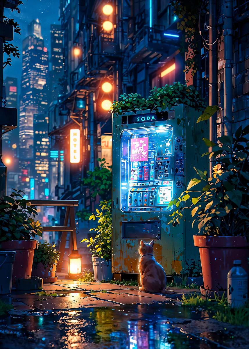 Bright lights from a vending machine illuminates a stray cat