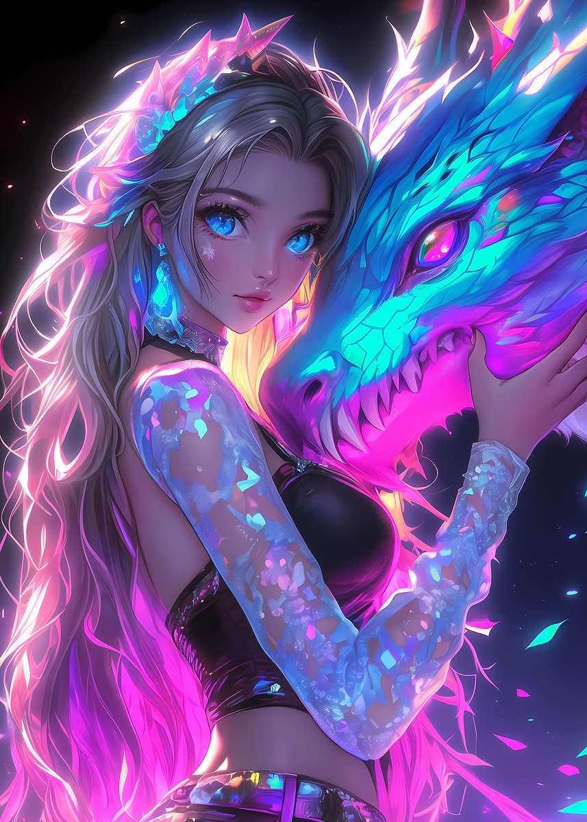 その他 Neon Dragon Girl II Girl and Neon Dragon' Poster, picture, metal print, paint by